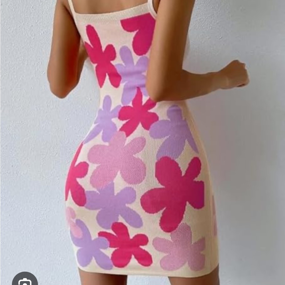 SHEIN Cream Midi Dress with Pink and Purple Floral Design